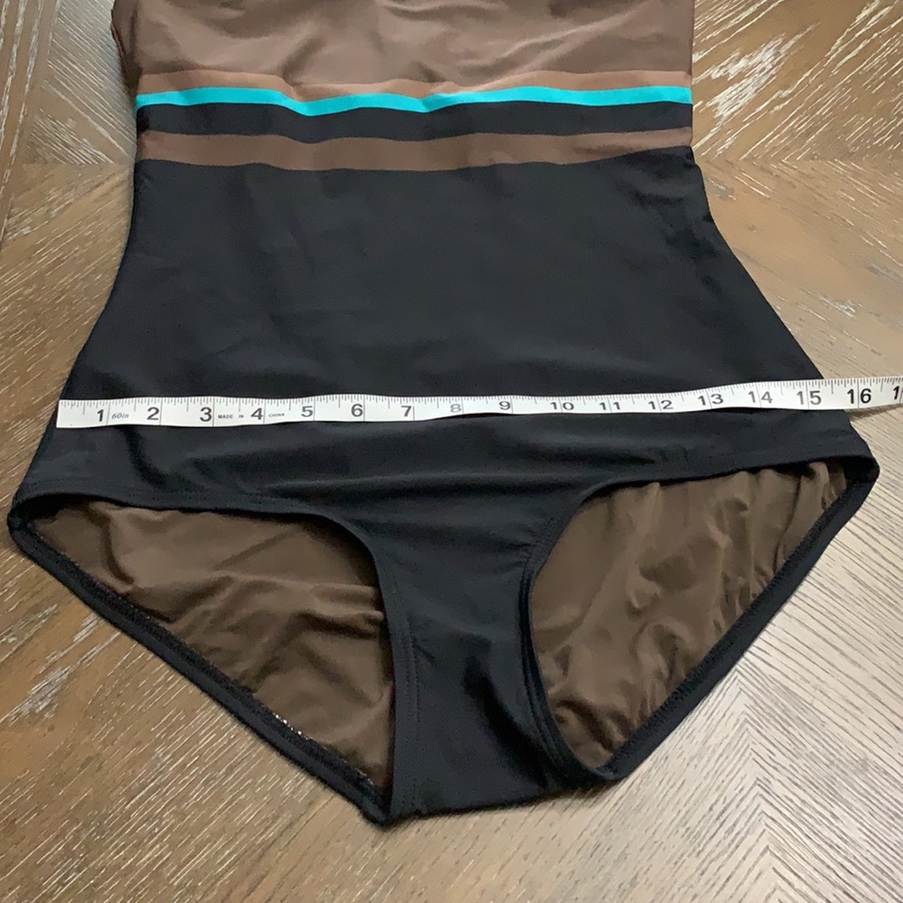 DKNY black, brown & teal striped one piece swimsuit halter Size M - Picture 17 of 17